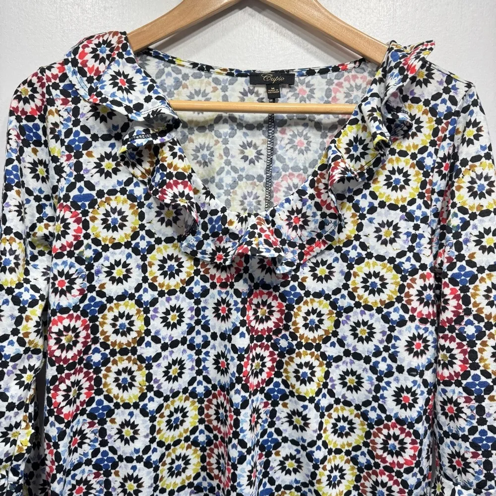 Cupio Multicolor Starburst Retro Slim Fit 3/4 Sleeve Ruffle Top Size Medium - Image 4