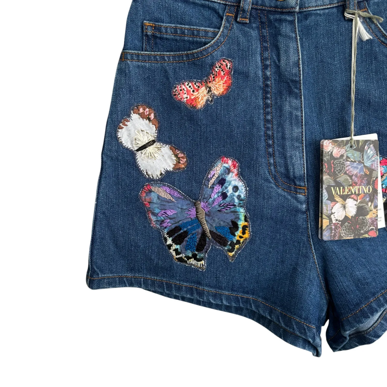 Valentino Jamaica Butterfly Denim Shorts Blue‎ Medium Wash Size 24 NWT - Image 8