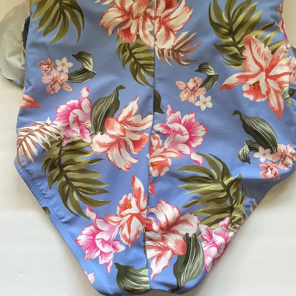 Kona Sol ruffle strap blue floral high coverage one piece swimsuit, size XL - Image 10