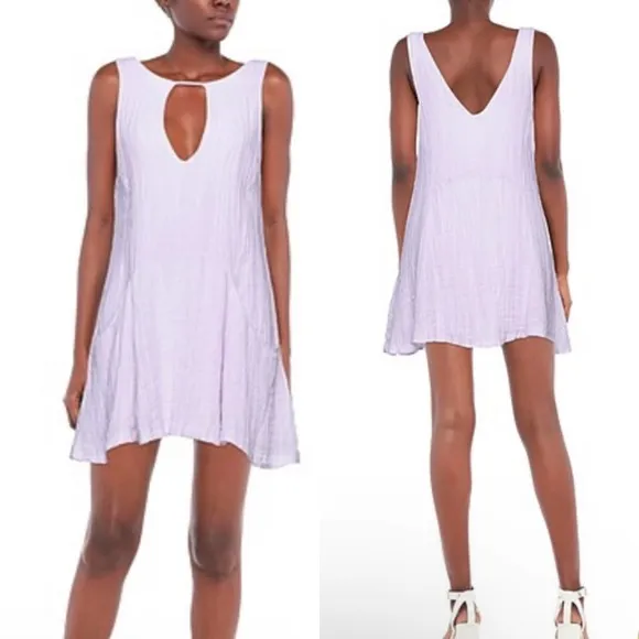 Free People Linen Tunic Tank Mini Dress Keyhole Neckline Lavender Lilac Womens M - Image 2