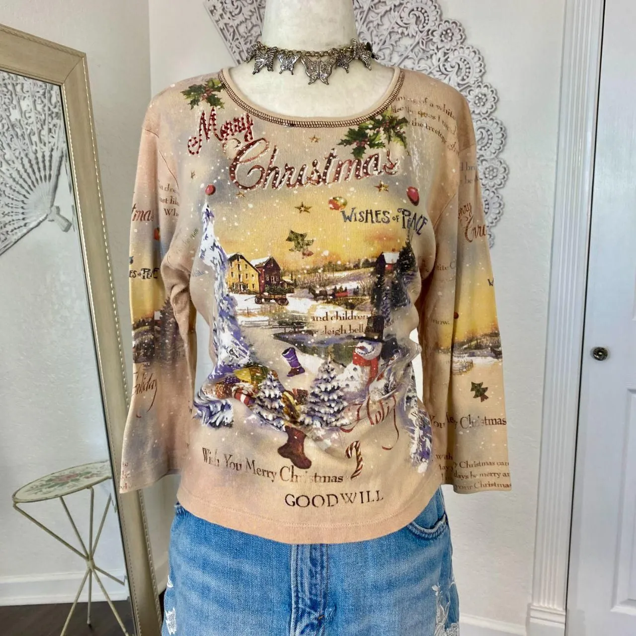 Vintage Early 2000's Nostalgia Christmas Sequin Graphic Print Long Sleeve L Tan Size L - Image 2