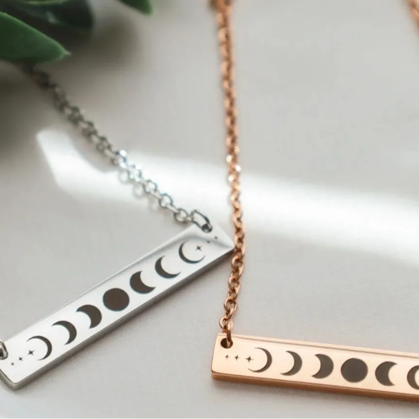 White Gold‎ Plated Celestial Necklace w/ Moon Phases Bar Pendant Necklace 16-18” - Image 7