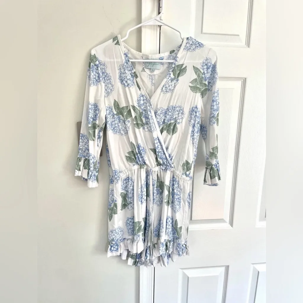 Piyama Romper Womens Small White Floral Wrap Ruffle Hem 3/4 Sleeve V Neck Boho - Image 2