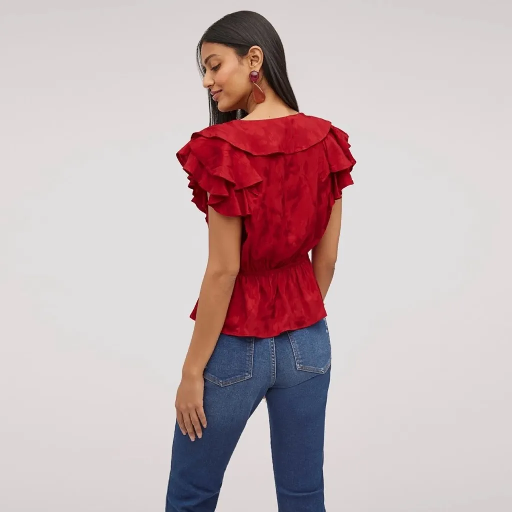 Sam Edelman Maila Ruffle-Trim Red Peplum Top Size L Women's V‎ neck Viscose NEW - Image 2