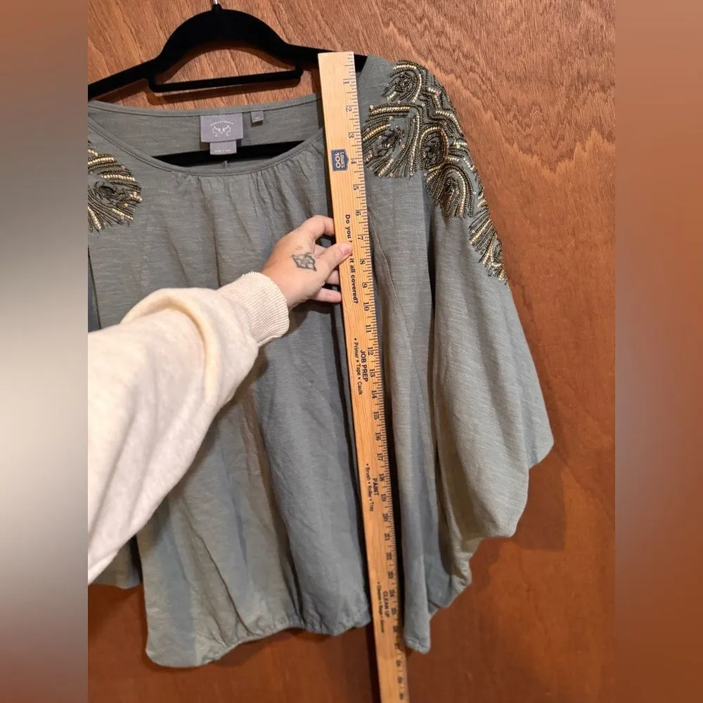 Anthropologie Vanessa Virginia Feather-Cloaked Top Olive Shirt size M/L - Image 7