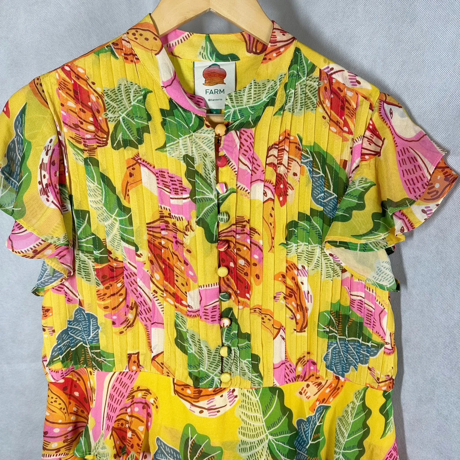 FARM RIO Beaks & Bananas Ruffle Flowy Casual Summer Mini Dress Small - Image 11