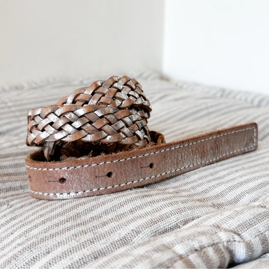 Michael Kors Metallic Silver Braided Leather Skinny Belt - Image 5