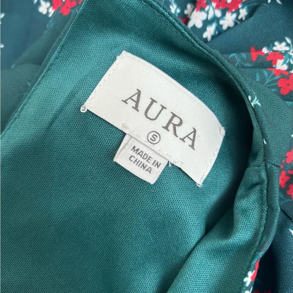 Aura Floral Babydoll Dress – Green with Red Flowers, Long Sleeve, Size S - Image 3