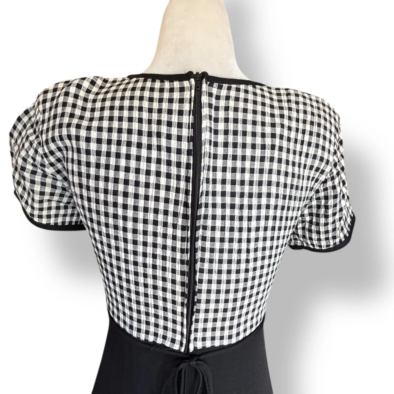 Vintage 90s All That Jazz Daisy Trim Gingham Maxi Dress Black White Yellow - Image 4