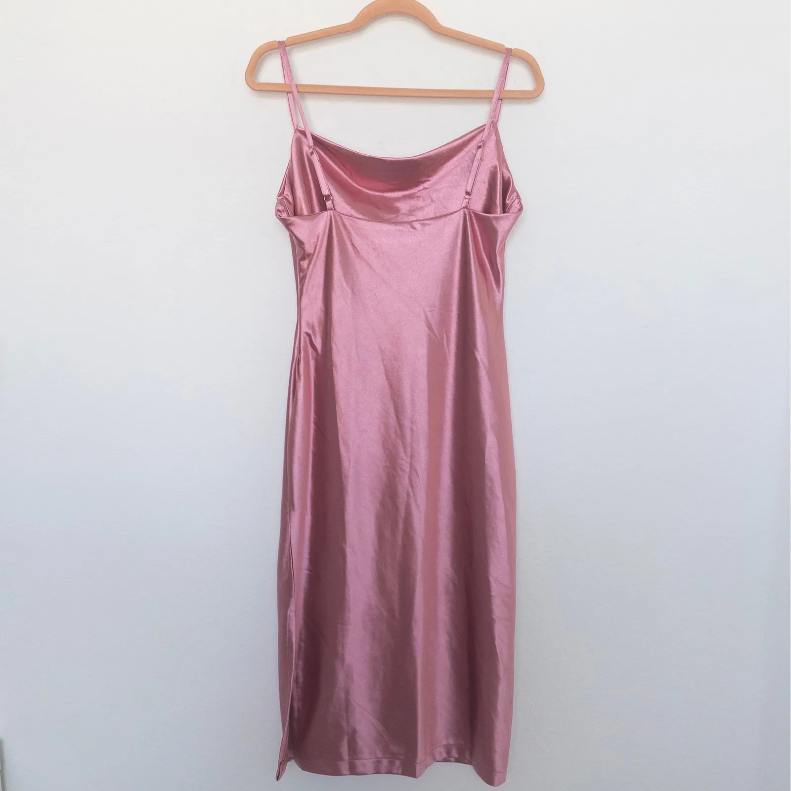 Y2K Womens Slip Dress Size S Pink Satin Cowl Neck Midi Coquette Minimalist Party - Image 5