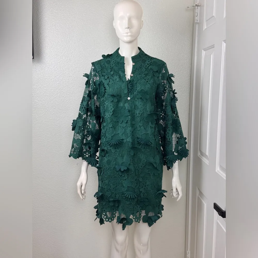 J.Marie Seraphina 3D Floral Green Lace Applique Button Down Midi Dress XS D8 - Image 6
