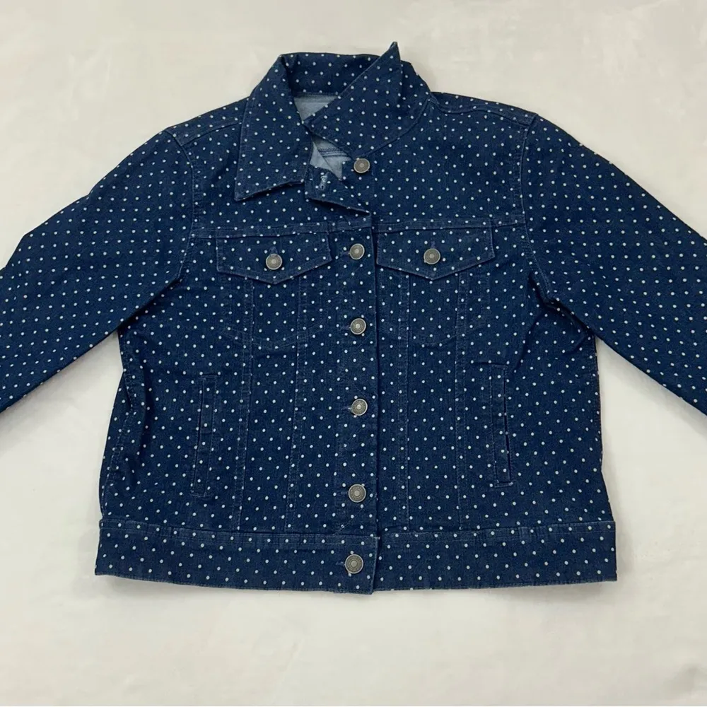 Basic Editions Navy Blue & White Polka Dot Denim Jean Button Up Jacket Women’s S - Image 2