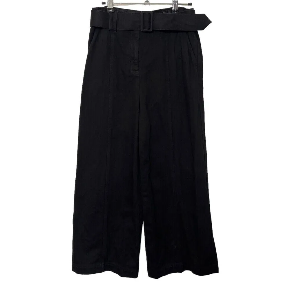 INTERMIX Franny Wide Leg Cropped Pants Belted Black Cotton Women’s Size 8 - Image 2