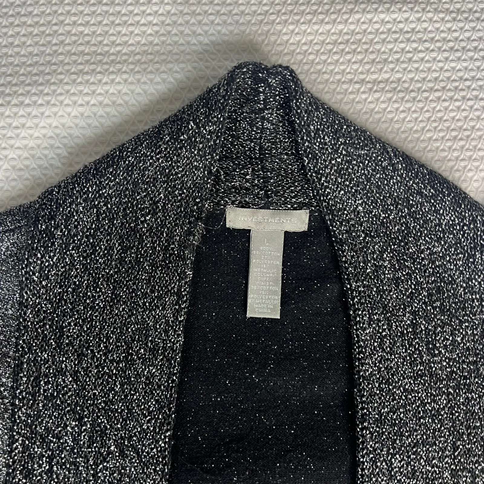 Womens Cardigan Sweater Black Large Metallic Sparkle Knit Open Front Shawl - Image 2