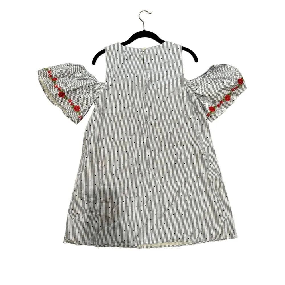 Miami Blue White Striped Cotton Mini Dress Open Shoulder Rose Embroidered Small - Image 2