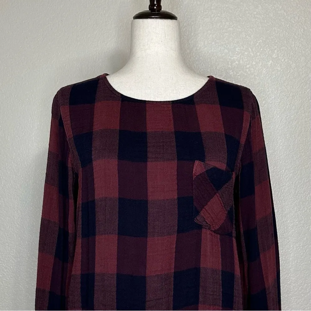 Anthropologie Cloth & Stone Gauze Plaid Lace Back Blouse Top, Sz Small - Image 3