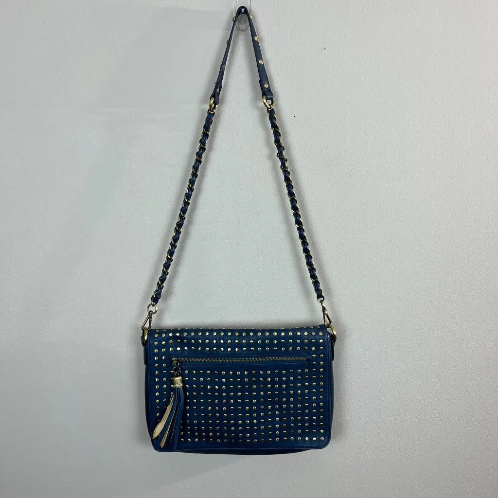 Urban Expressions Crossbody Bag Certified Vegan Leather Blue Brass Chain Studded - Image 3
