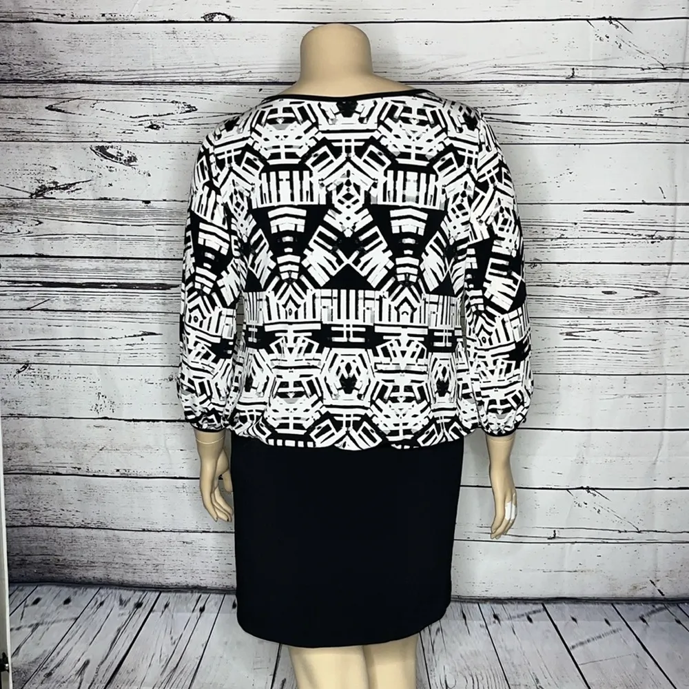 Nicole Miller NWT Size XL Black & White Printed Cut-Out Sleeve Blouson Dress - Image 4