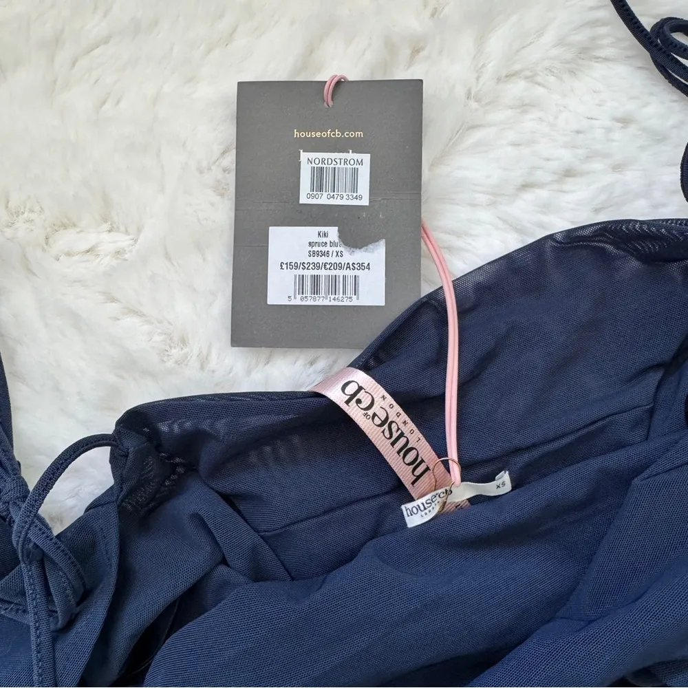 House of CB Hi-Lo Asymmetrical Ruffle Off Shoulder Mesh Kiki Dress XS - Navy - Image 7