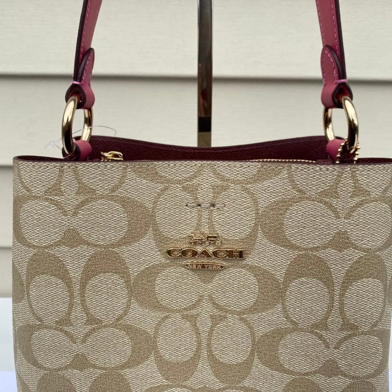 Coach KhakiPink Signature Town Small Bucket Bag - Image 3