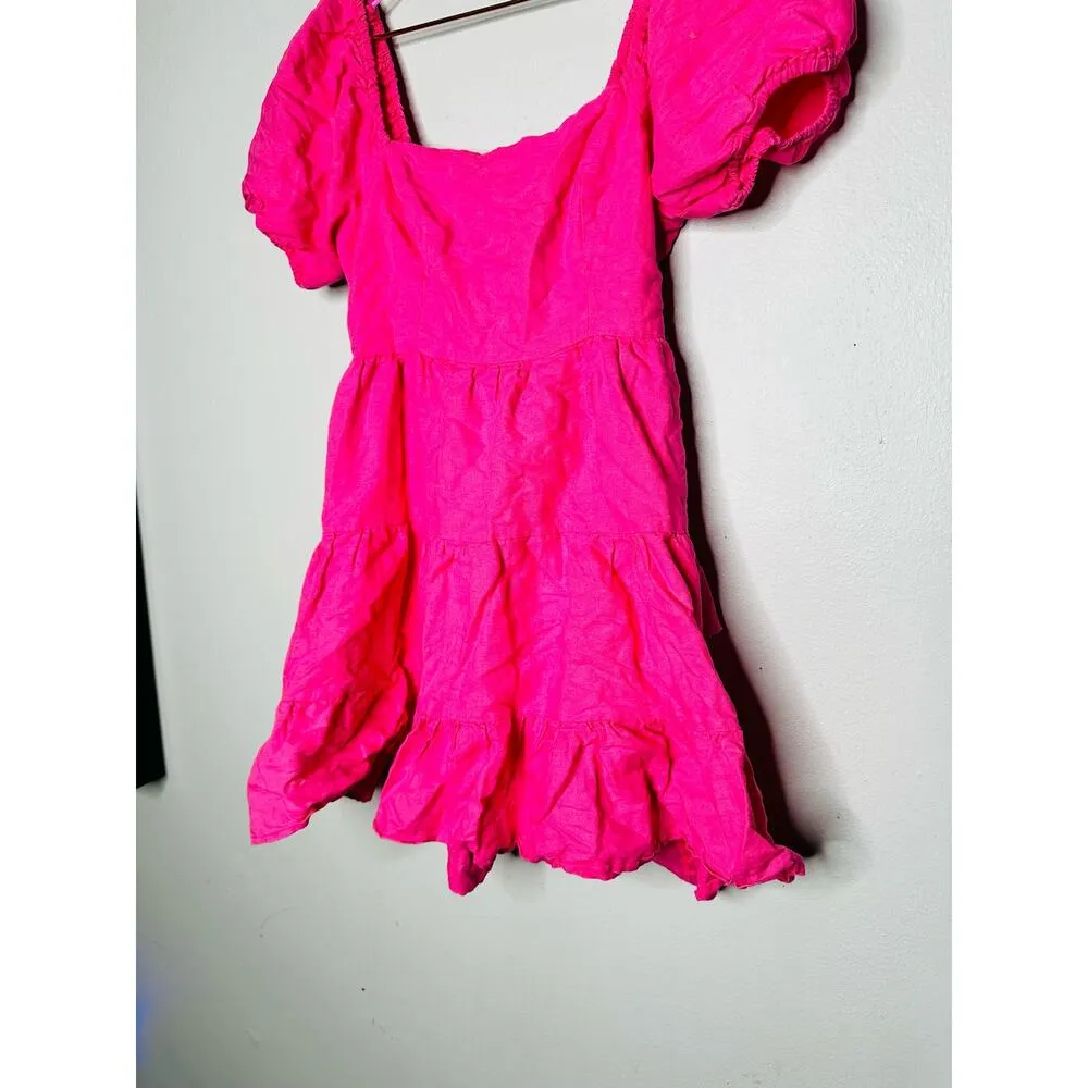 LOUNA Pink Linen Blend Tiered Puff Sleeve Tie Back Square Neckline Mini Dress S - Image 10