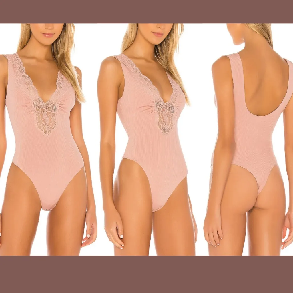 Free People Intimately Medium First Call Lace Ribbed Bodysuit Mauve - Image 6