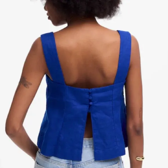 Madewell Womens Blue Curved-Neck Shell Tank in 100% Linen - Image 2