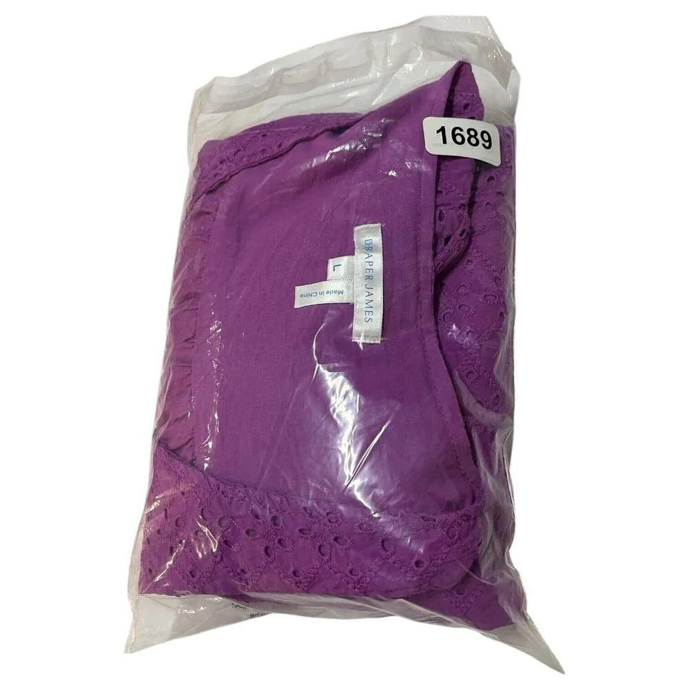 Draper James Top Womens L Eyelet V Neck Short Bubble Sleeve Embroidered Purple - Image 11