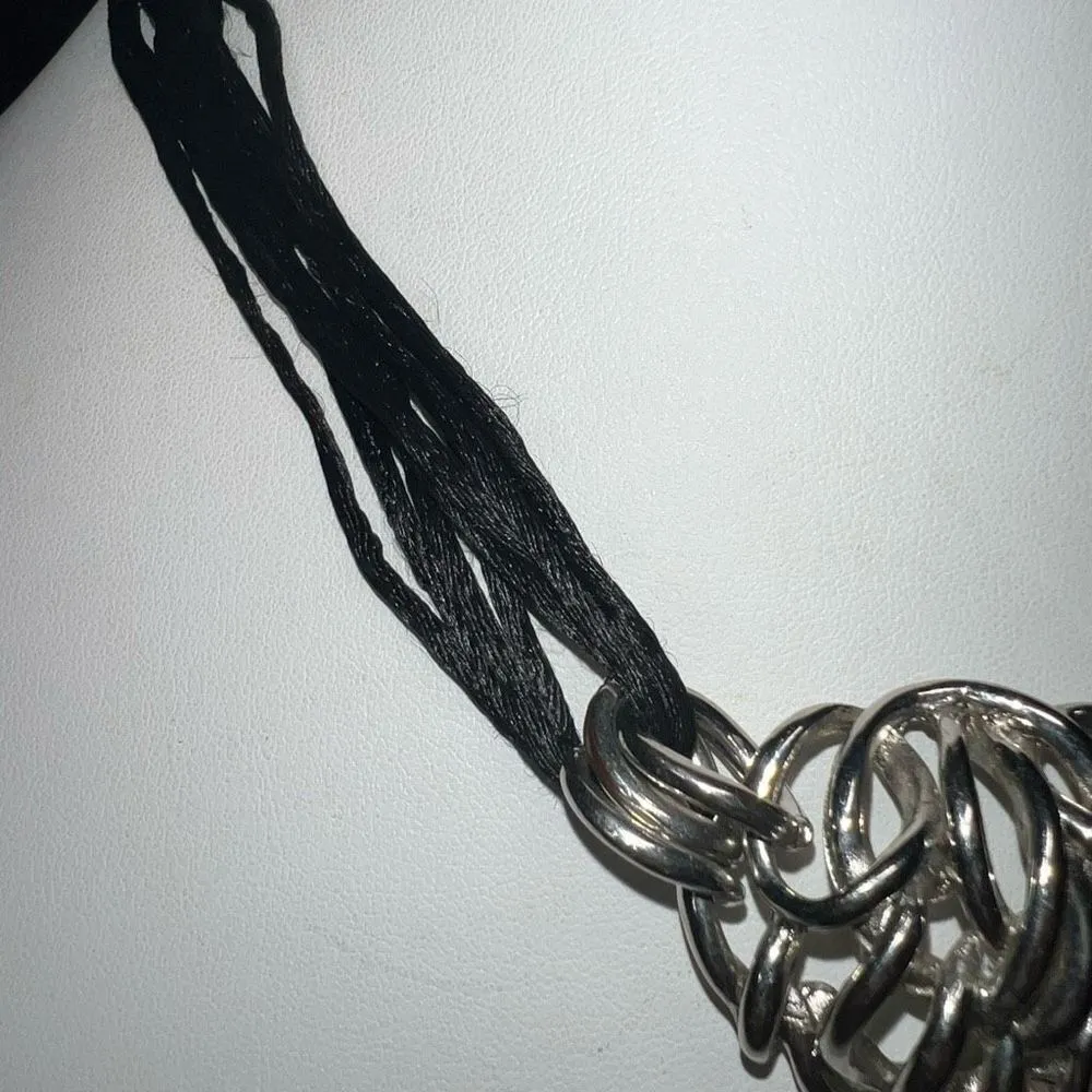 Multi Strand Silk Cord Silver Chunky Choker Necklace‎ Black - Image 3