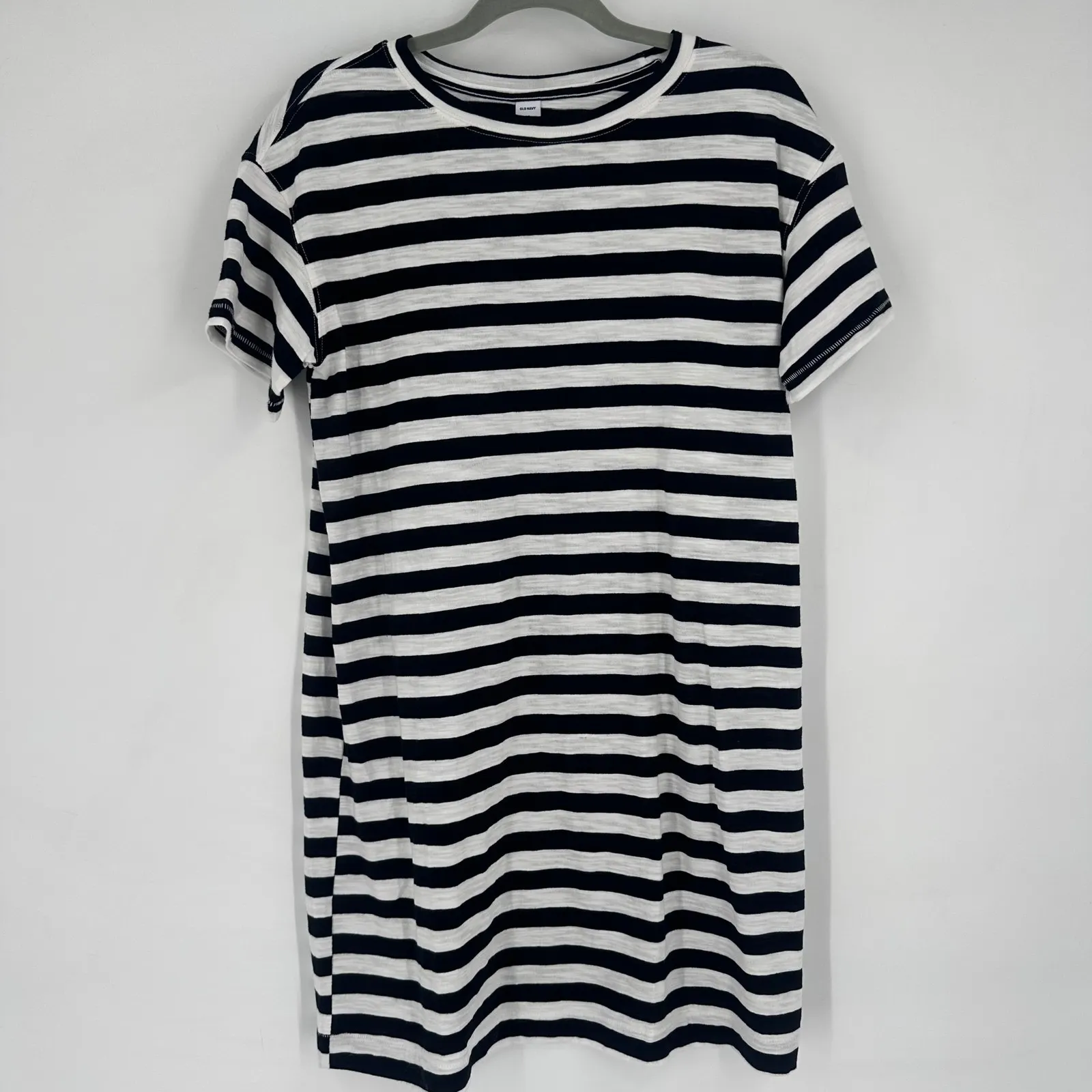NWT Old Navy Womens XS Black White Loose Vintage Striped Slub-Knit T-Shirt Dress - Image 2