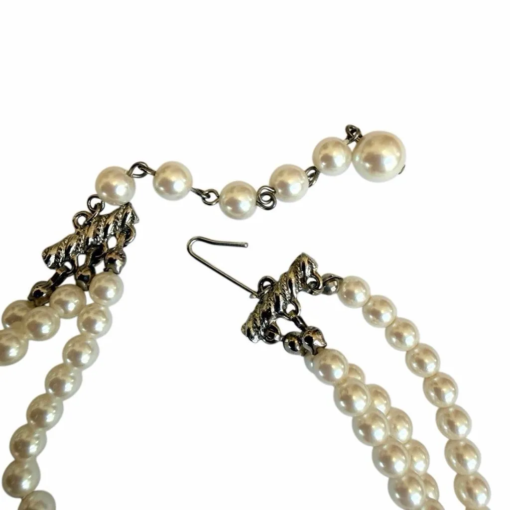 Three Strand Faux Pearl Necklace with Rhinestone Center & Drop - Image 8