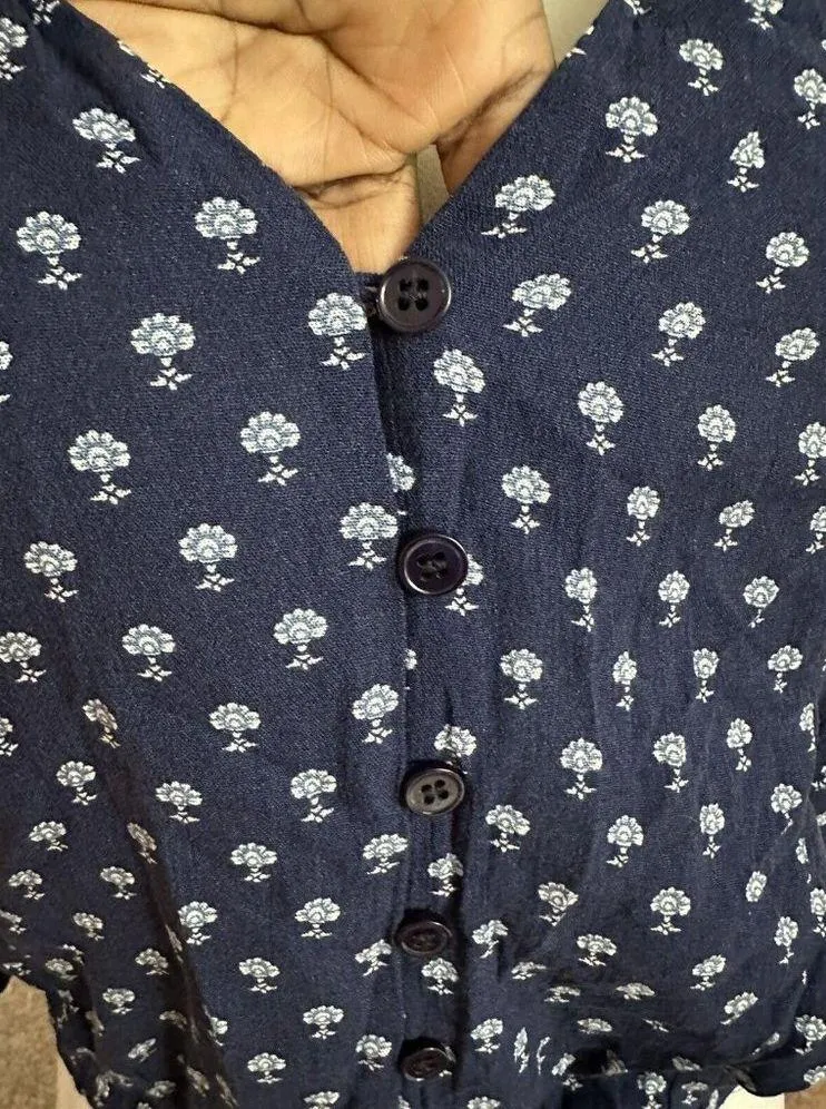 Kendall & Kylie Button Up Long Sleeve Indigo Ditsy  Crop Top Blue Size L NWT - Image 7