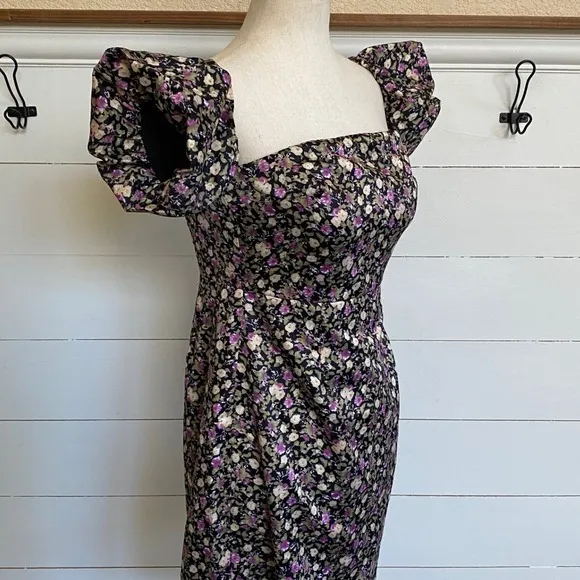 Pomelo Romantic Square Neck Puff Sleeve Mini Dress Black Purple Dainty Floral - Image 11