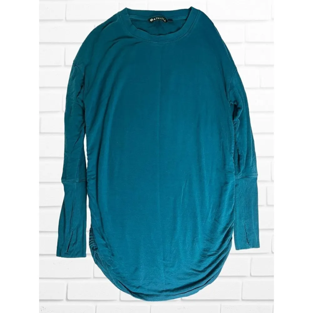 Athleta Women's Small Top Teal‎ Long Sleeve Ruched Athletic Comfy Loungewear - Image 3