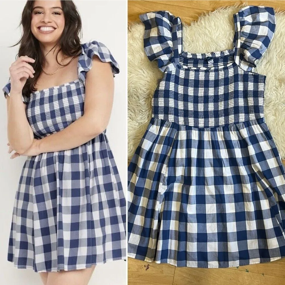 Old Navy Fit & Flare Flutter-Sleeve Gingham Mini Dress for Women L - Image 9