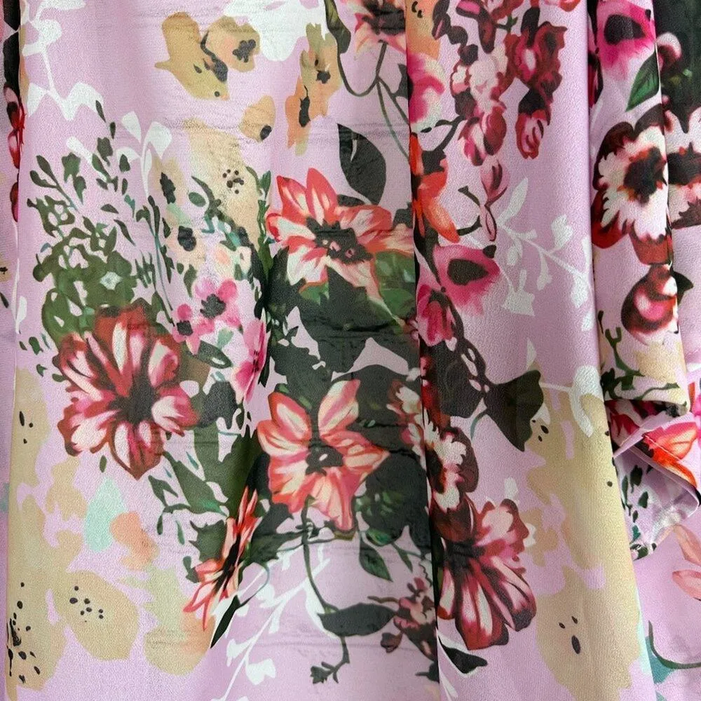 Women's Batwing Floral Chiffon Kimono Beachwear Cover Up Pink L Size L - Image 7