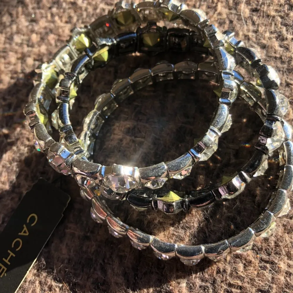 Cache 3 Lot Bundle silver tone stretch bracelets multi size faceted crystals NWT - Image 5