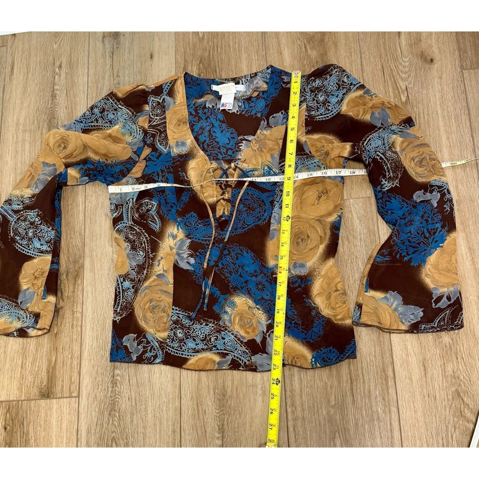 Vintage Y2K Floral Mesh Top Brown Blue Lace Up Bell Sleeve Sheer Blouse Size 7 Size M - Image 6