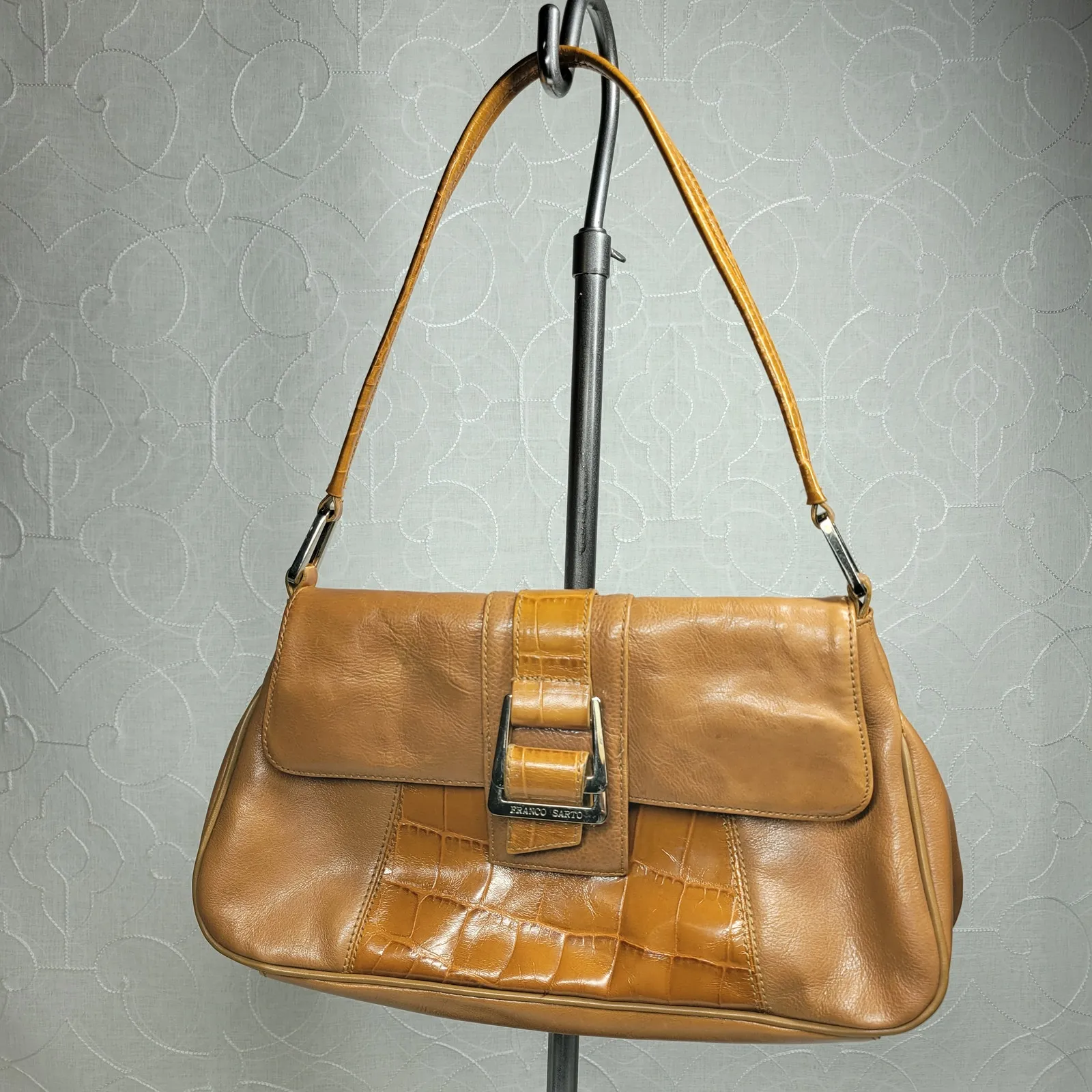 VTG Franco Sarto Y2K Leather Shoulder Bag Tan Alligator Trim Baguette Purse - Image 3