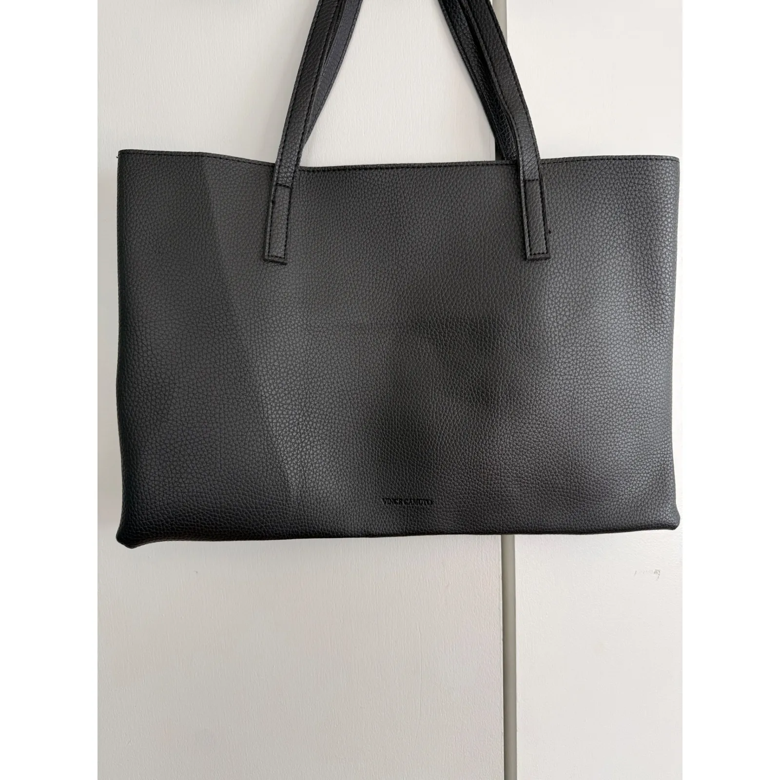 Vince Camuto Black Faux Leather Tote Bag with Gray Stripe‎ Accent - Image 3