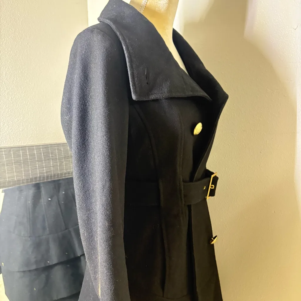 Vintage Guess Black Double Breasted Wool Trench Coat with Gold Accents - Image 9
