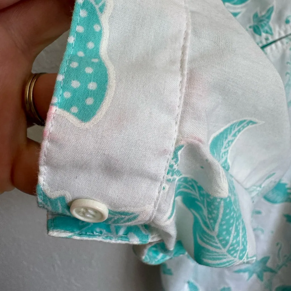 Diane Von Furstenberg White Teal Bird Print Button Down Blouse Womens S Sheer - Image 4