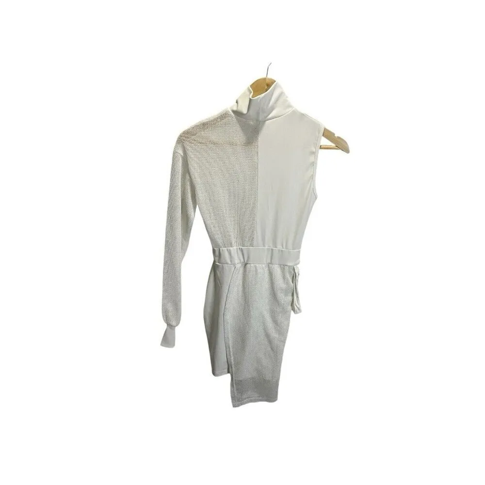 Shein Ivory Cream Mini Cocktail Dress Mesh S One Sleeve Mock Neck Stretch - Image 5