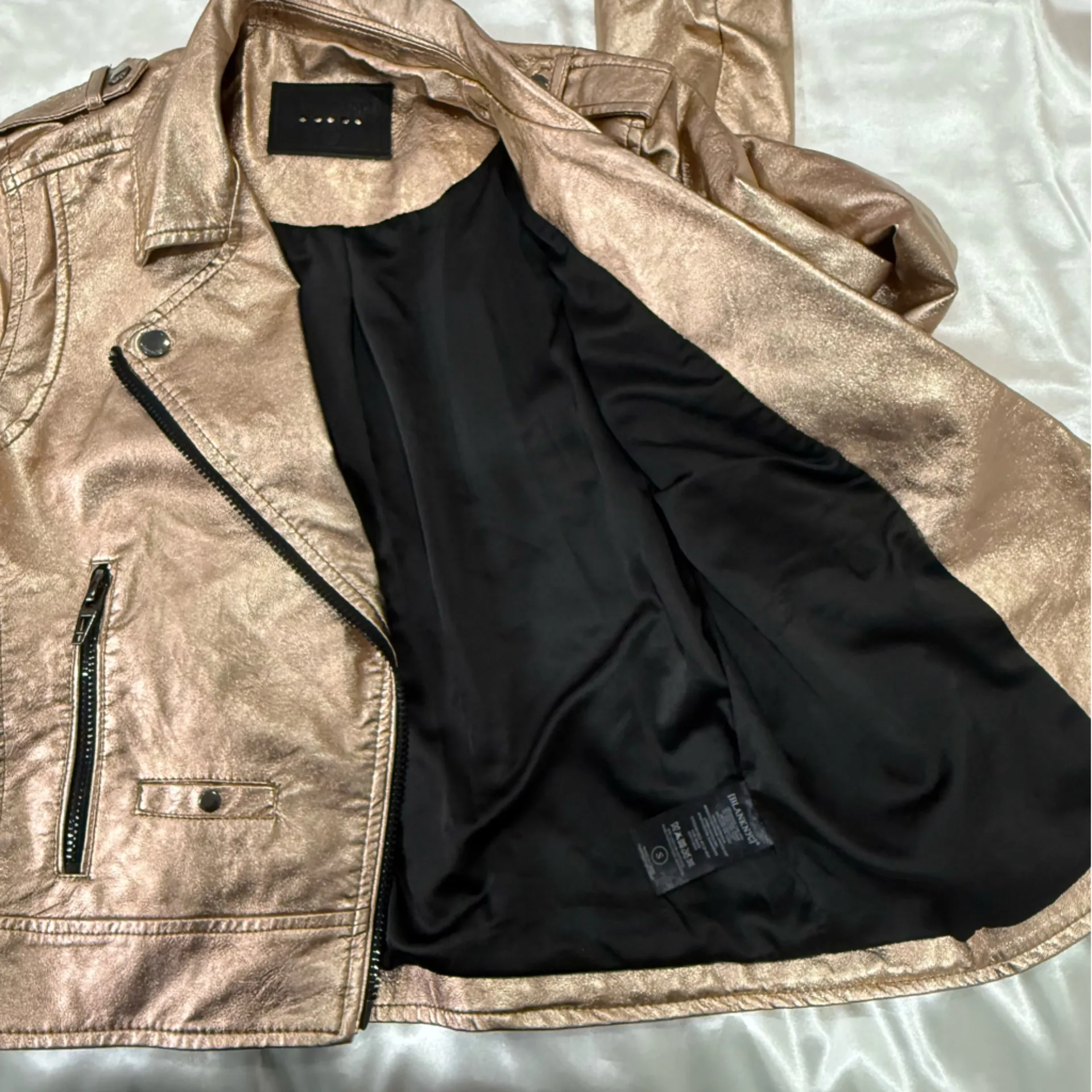Blank NYC Faux Leather Moto Jacket Metallic Rose Gold Small Zippers Revolve - Image 12