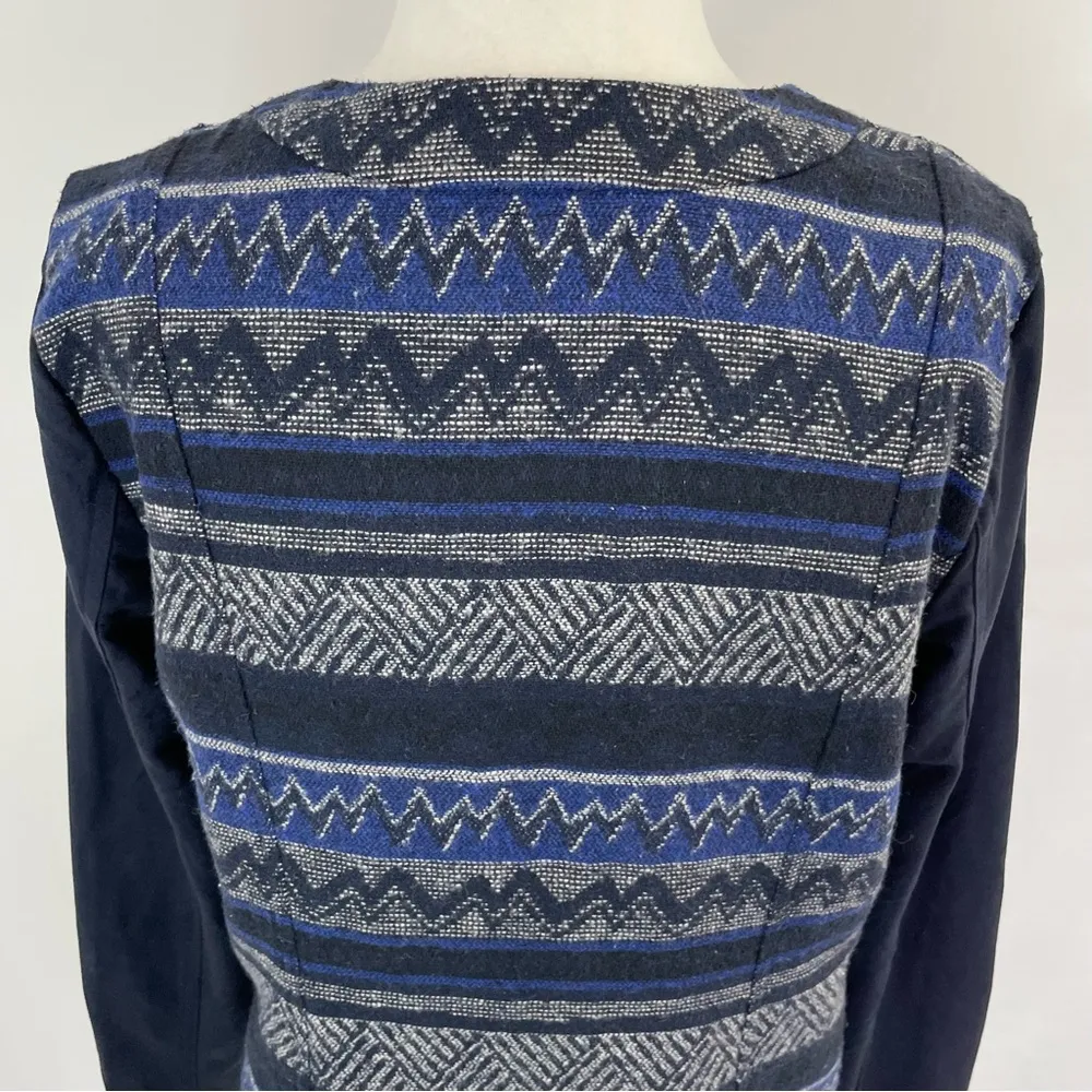 Stripe Jacquard Faux Suede Sleeve Moto Jacket Navy Blue Sz Medium - Image 9