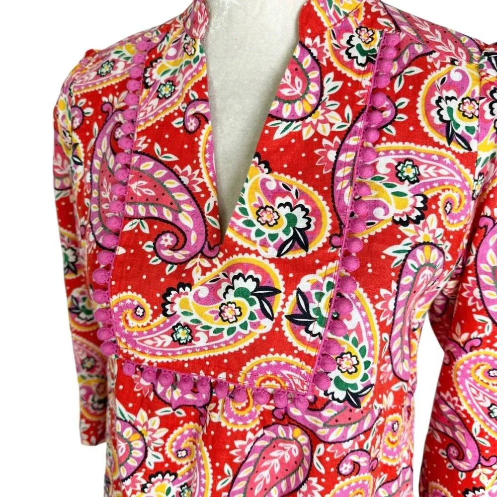 Boden Evangeline Linen Tunic Dress in Red Pop Mexican Paisley Size 4 petite - Image 8