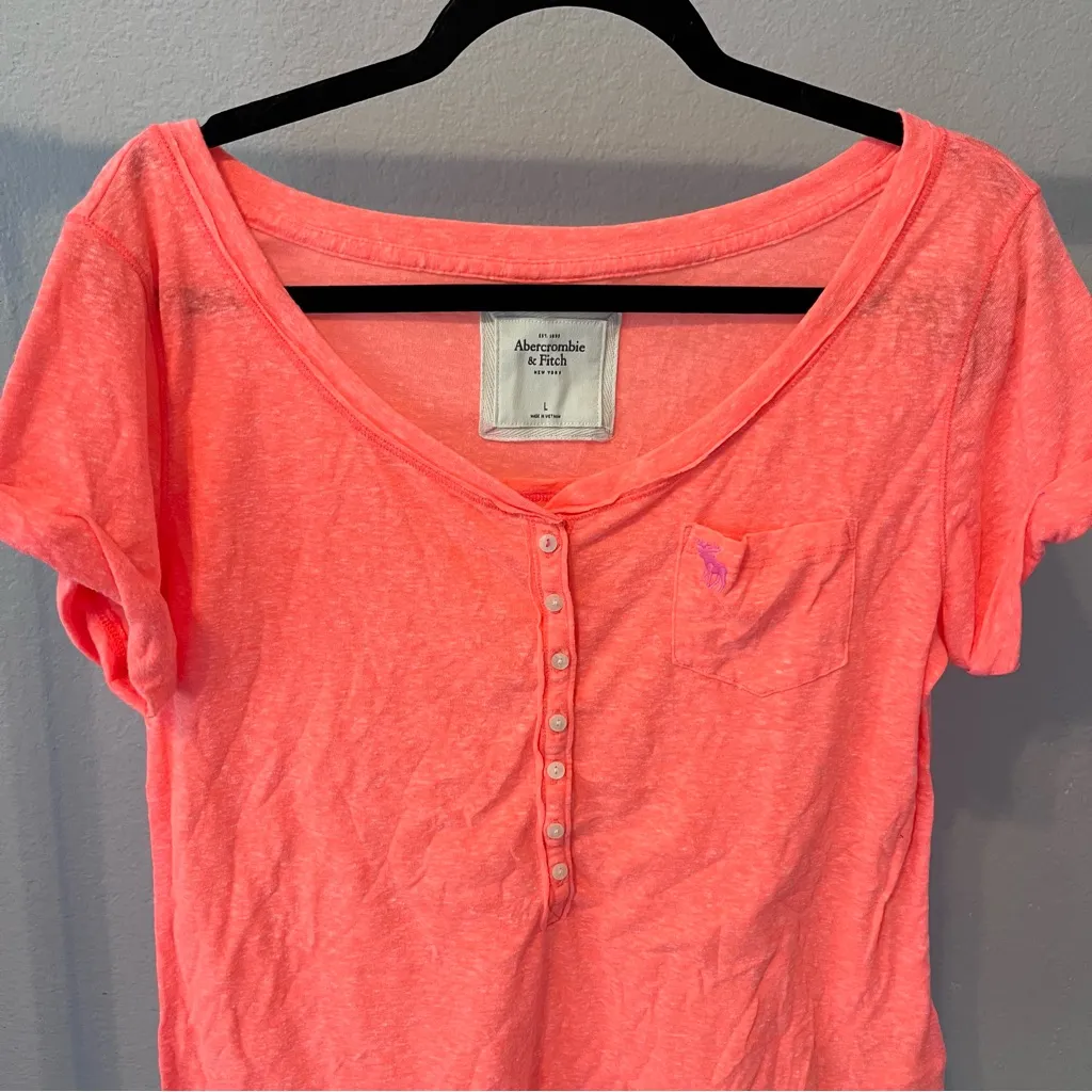 ABERCROMBIE & FITCH Neon Highlighter Coral Pink-Orange Shirt Large NWT - Image 2