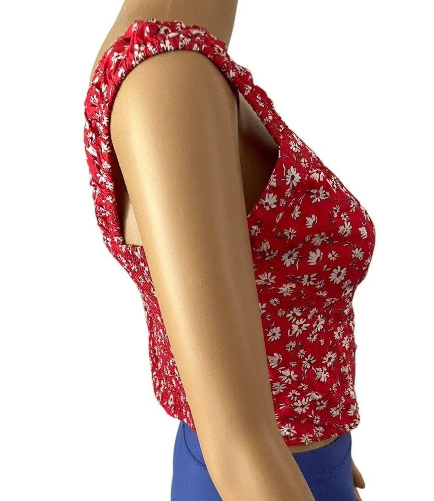 NWT Japna Red Smocked Floral Print Sweetheart Neck Cottagecore Tank Top Medium - Image 2