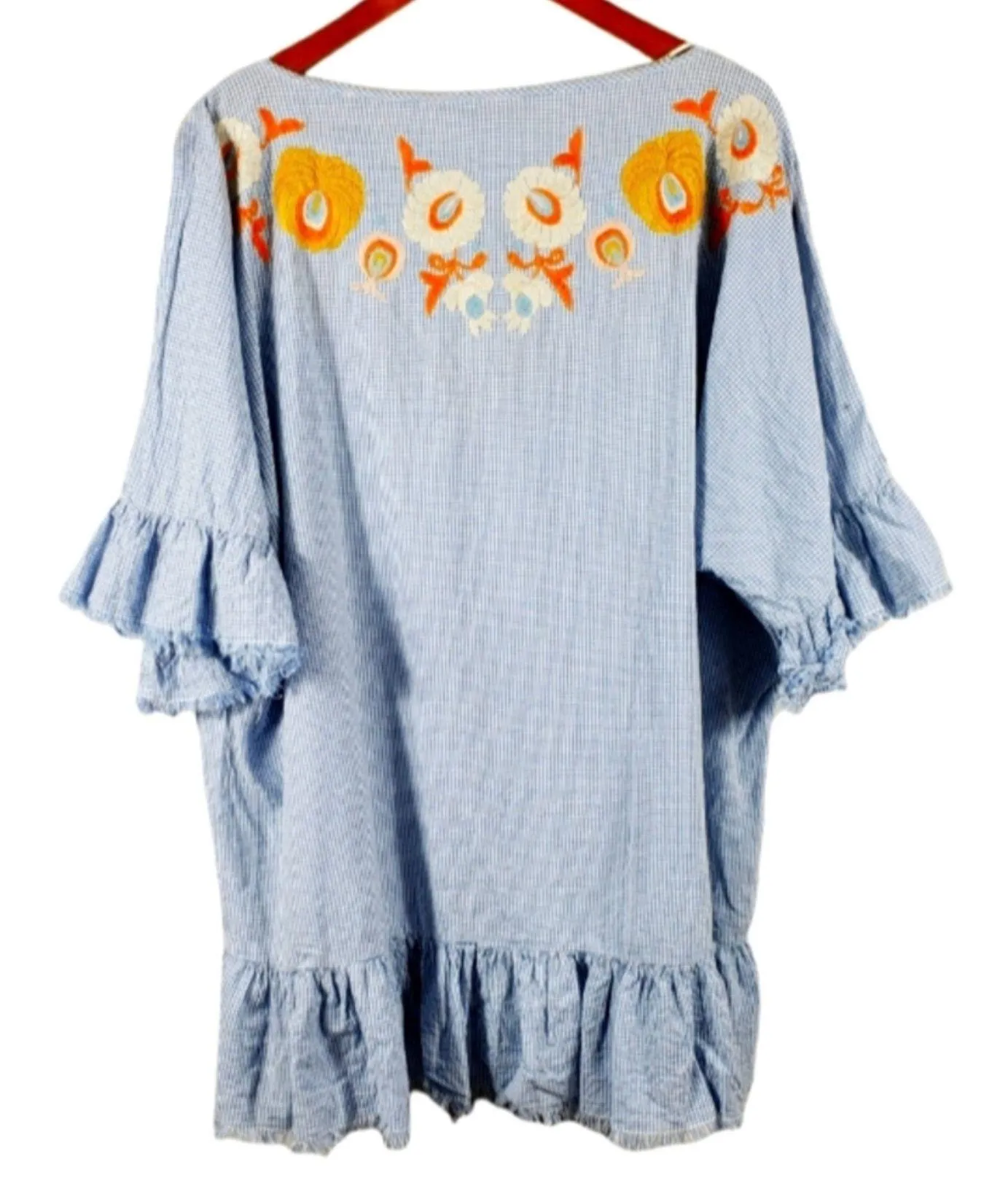 Women Gingham Blue Floral Embroidered Oversized Tunic Top M - Image 2