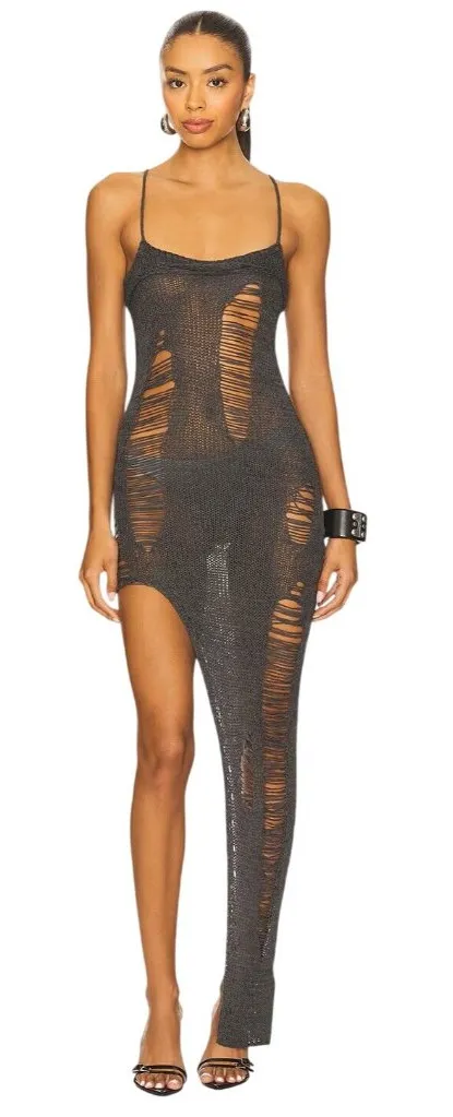 Jaded London Laddered Knit Bandeau Dress in Grey 0 New Womens Maxi Asymmetric - Image 1